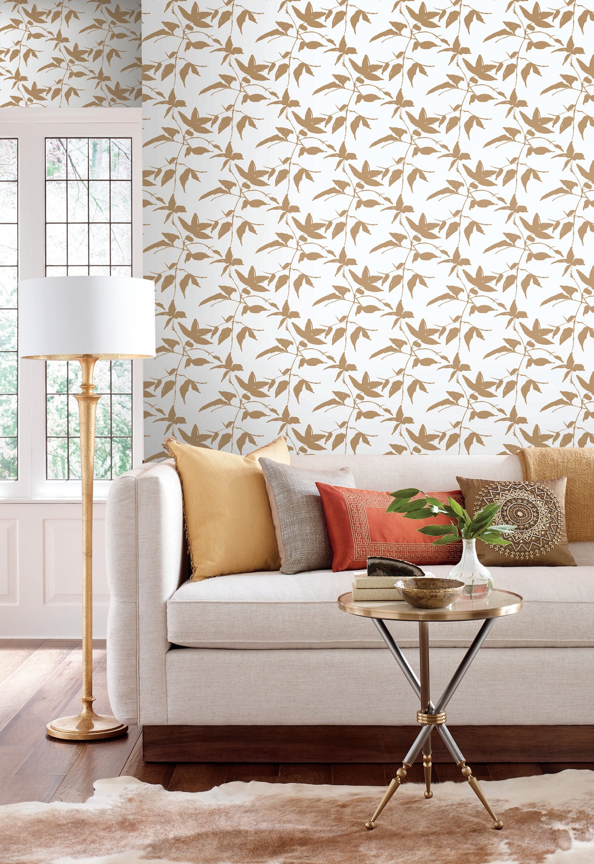 York AF6511 Persimmon Leaf Gold & White Wallpaper