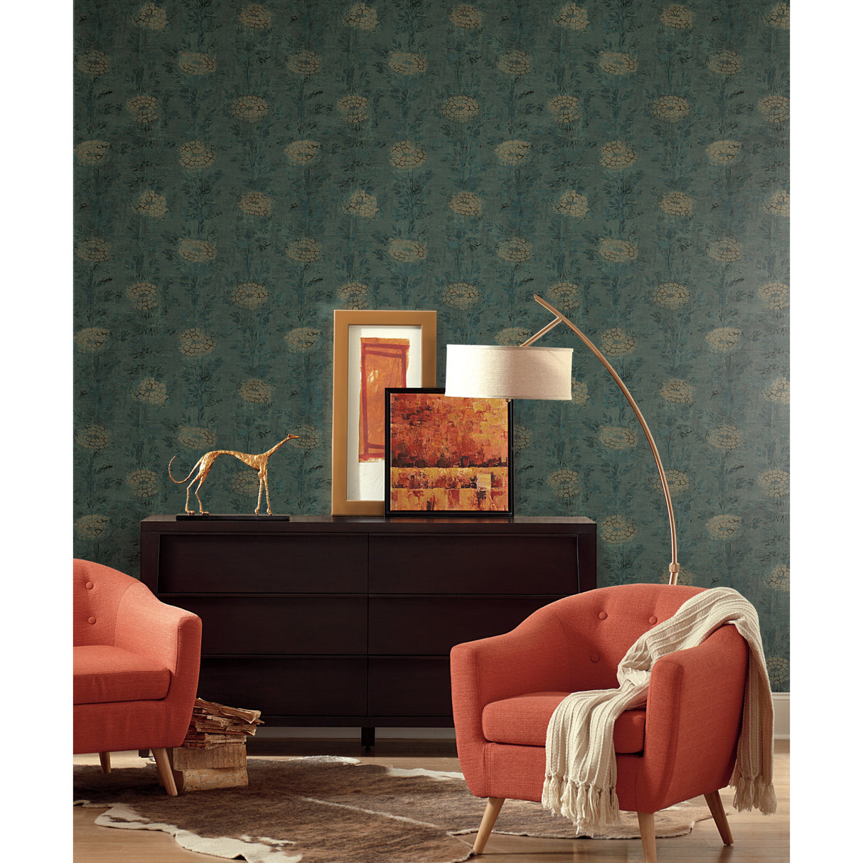 York AF6519 French Marigold Teal & Gold Wallpaper