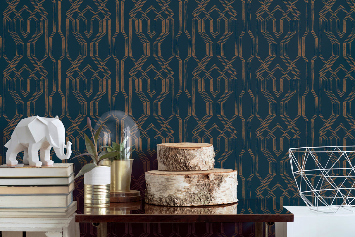 York AF6561 Oriental Lattice Blue & Gold Wallpaper