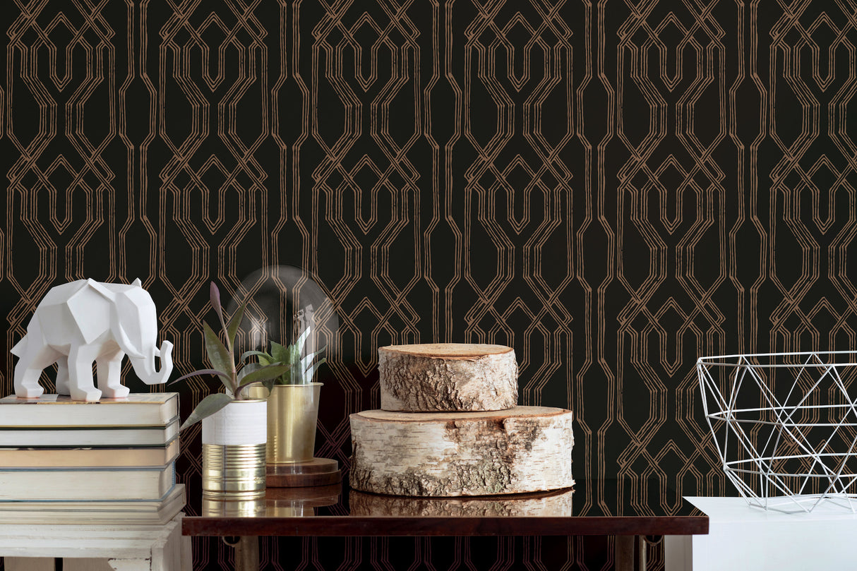 York AF6562 Oriental Lattice Black & Gold Wallpaper