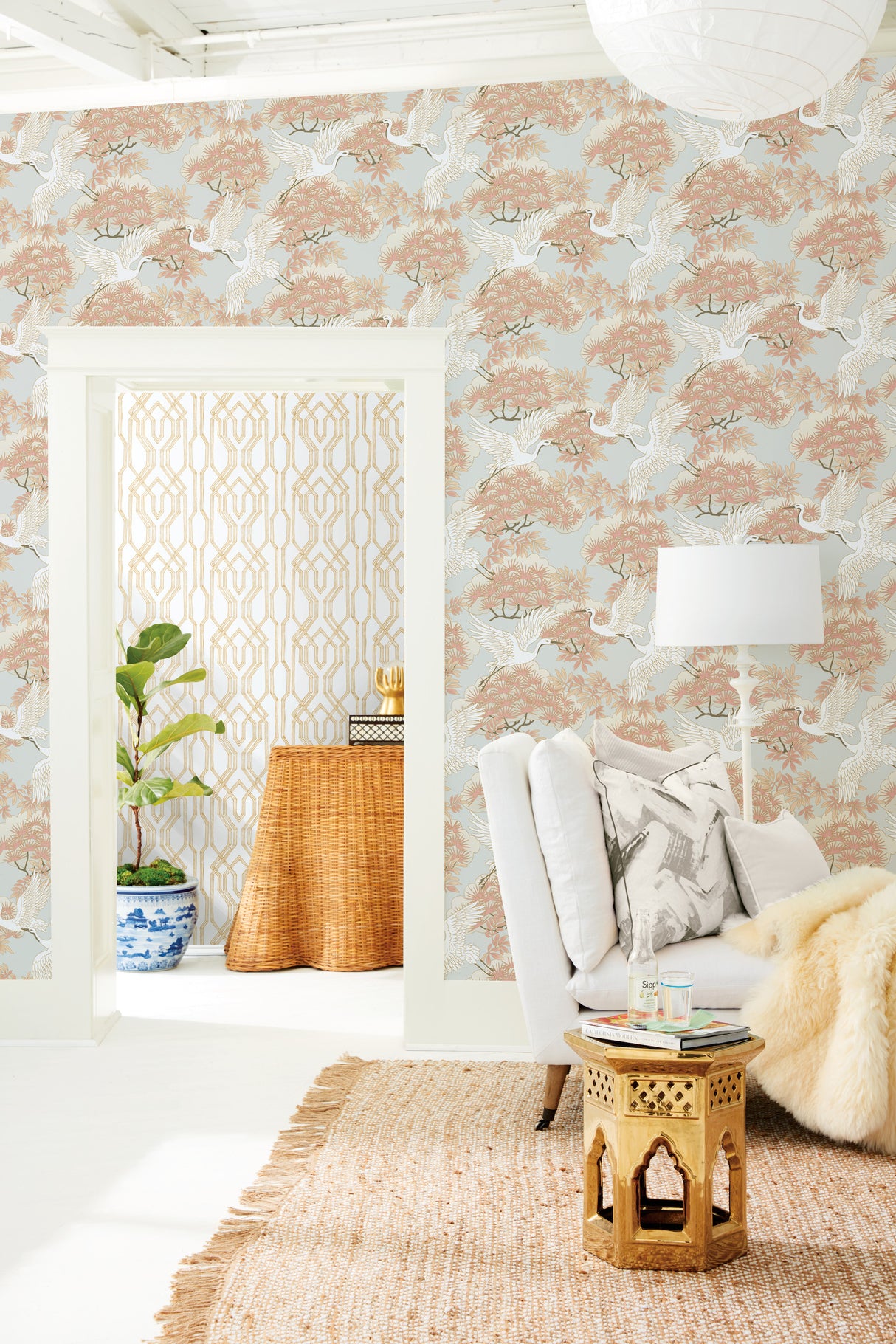 York AF6590 Sprig & Heron Orange Wallpaper