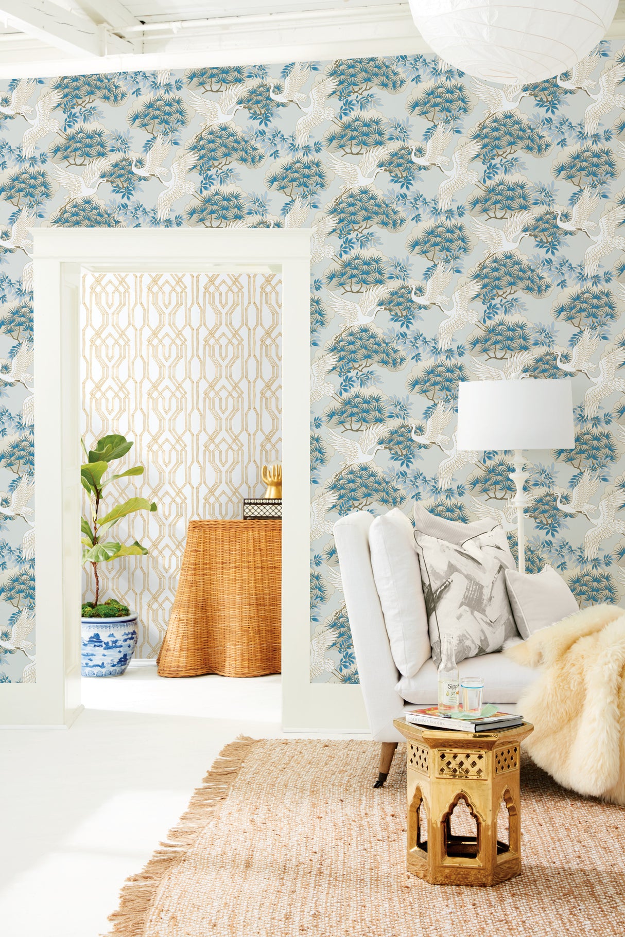 York AF6591 Sprig & Heron Light Blue Wallpaper