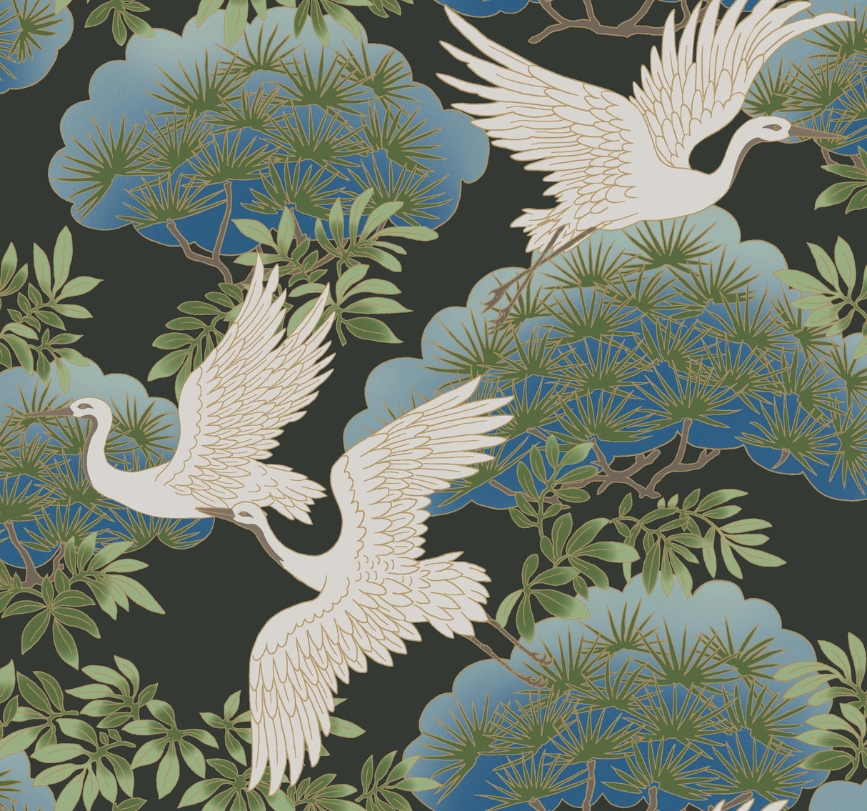 York AF6593 Sprig & Heron Black Wallpaper