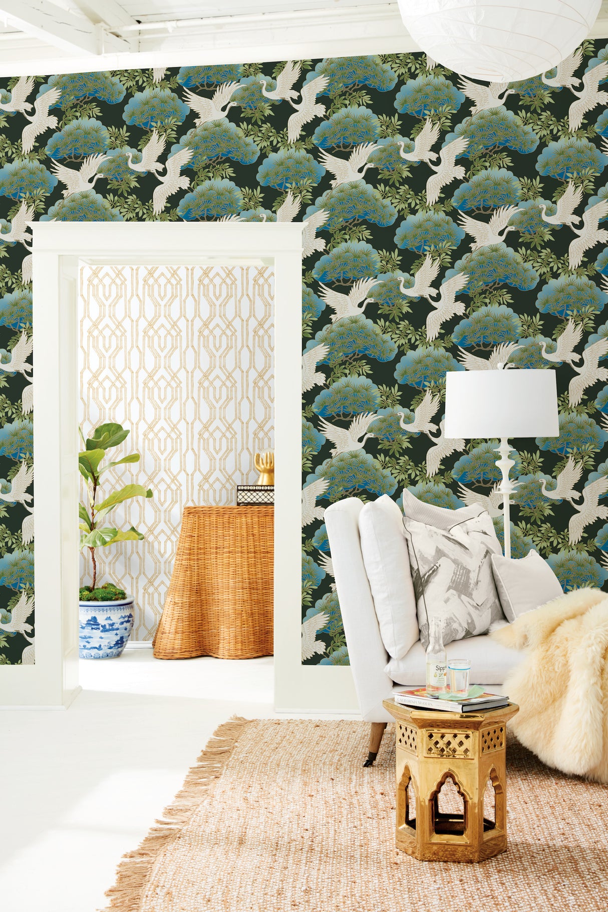 York AF6593 Sprig & Heron Black Wallpaper