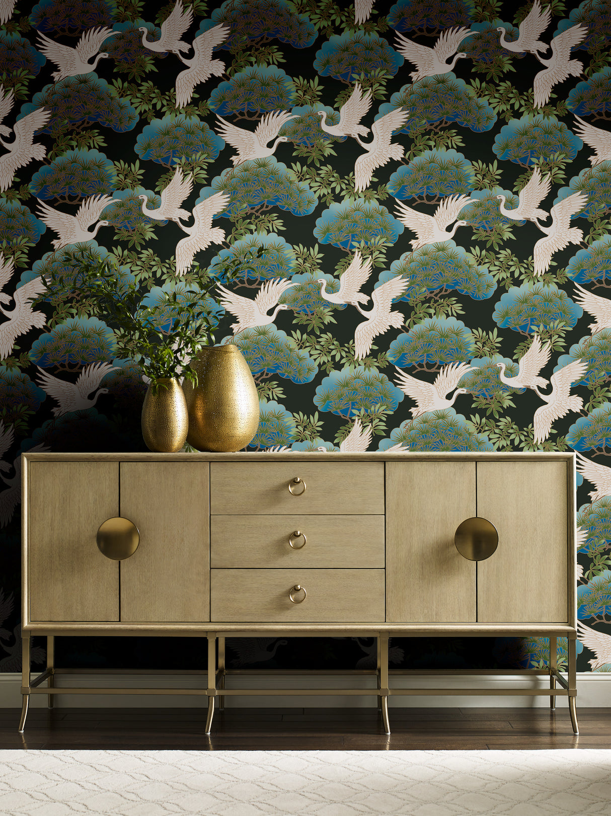 York AF6593 Sprig & Heron Black Wallpaper