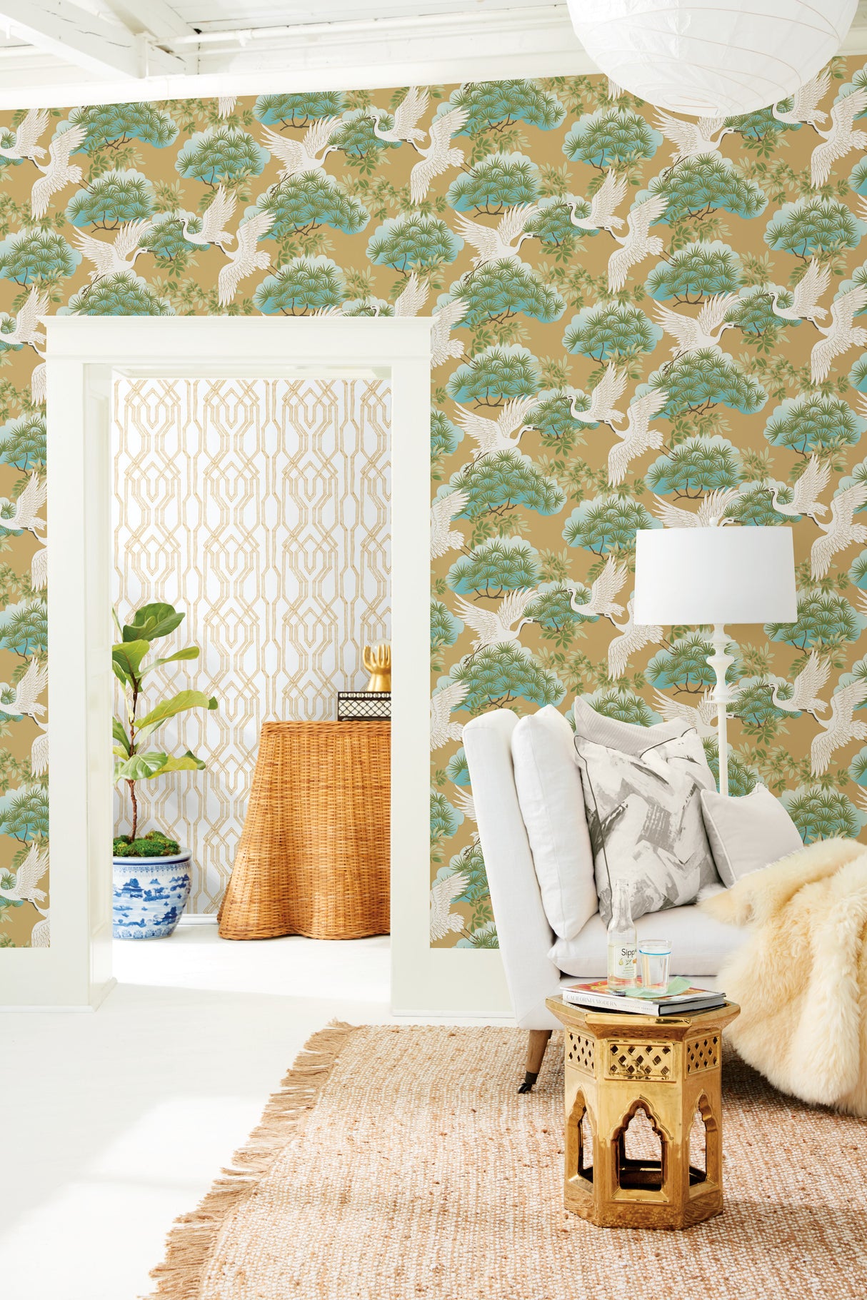 York AF6594 Sprig & Heron Gold Wallpaper