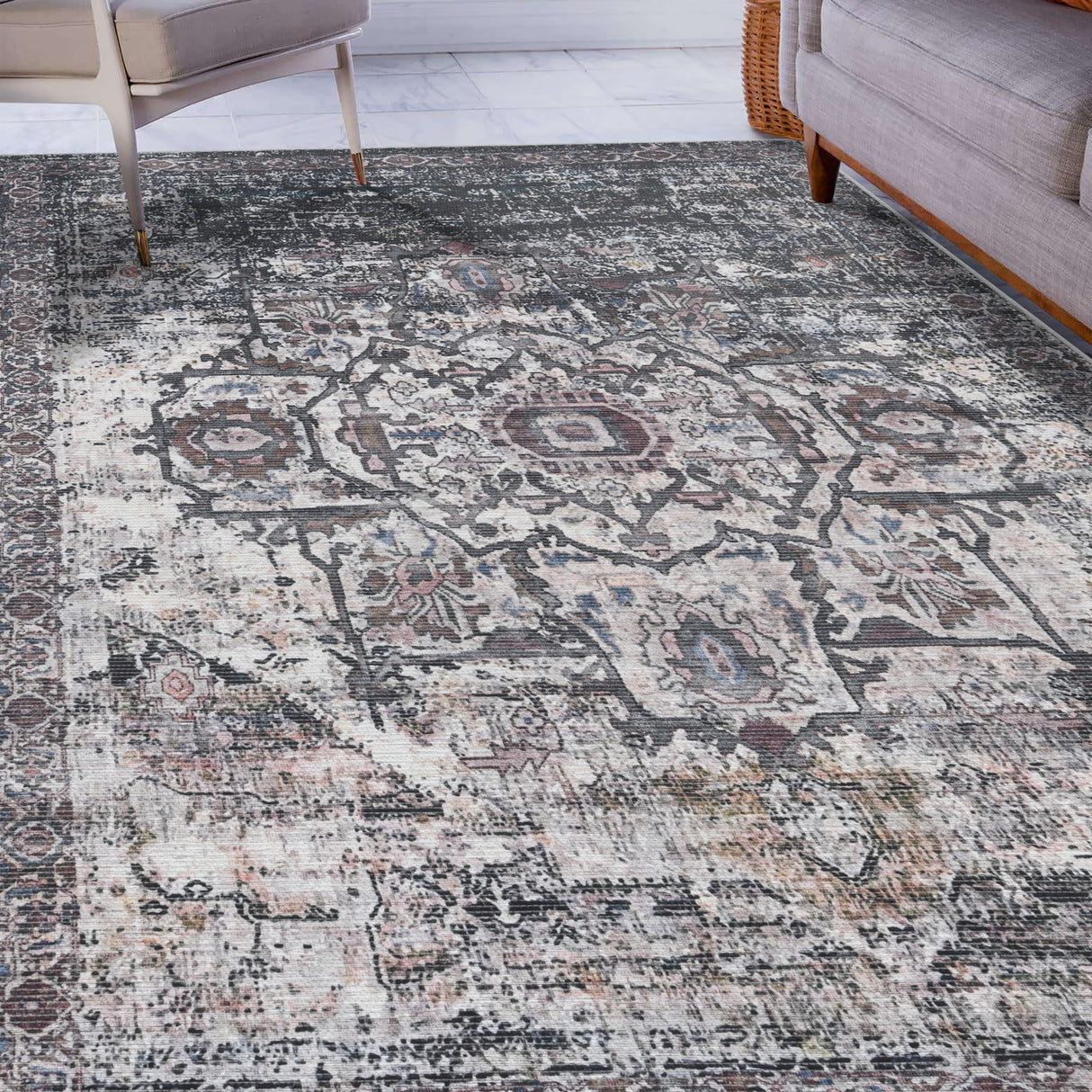 Amer Rugs ALA-2 Alaska Machine-Washable Vintage Medallion Power-Loomed /Gray Area Rug