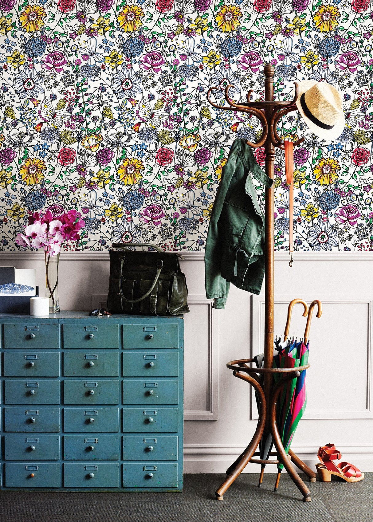 A-Street Prints AST3792 Daley Multicolor Line Floral Wallpaper