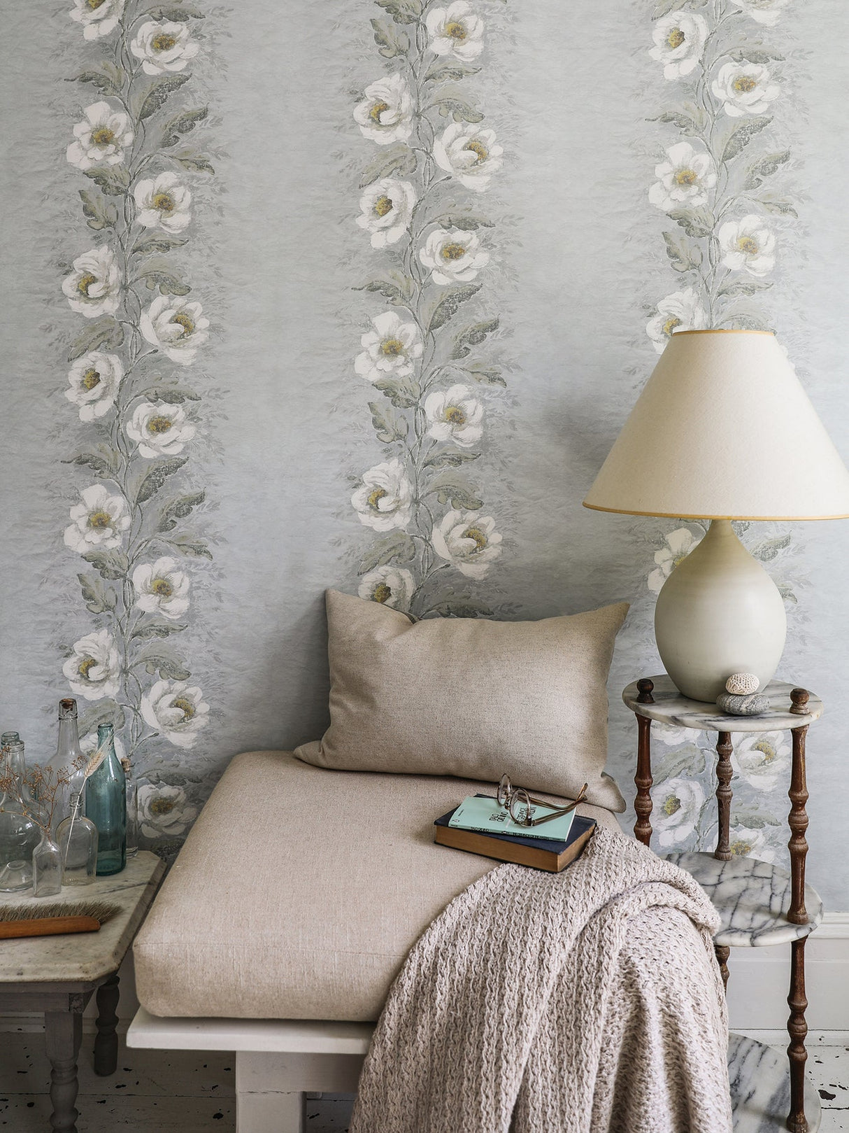 A-Street Prints AST4067 Dutch Garland Pale Blue Gardenia Stripe Wallpaper