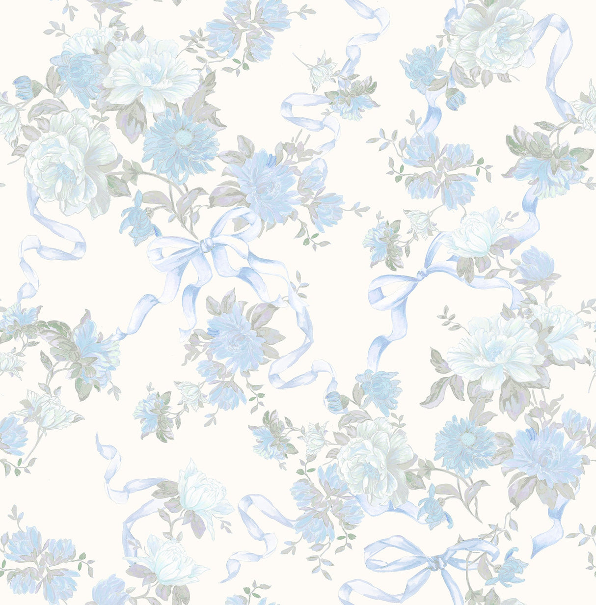 A-Street Prints AST4654 Cabbage Rose Bow Dusty River Blue Ribbons & Roses Wallpaper