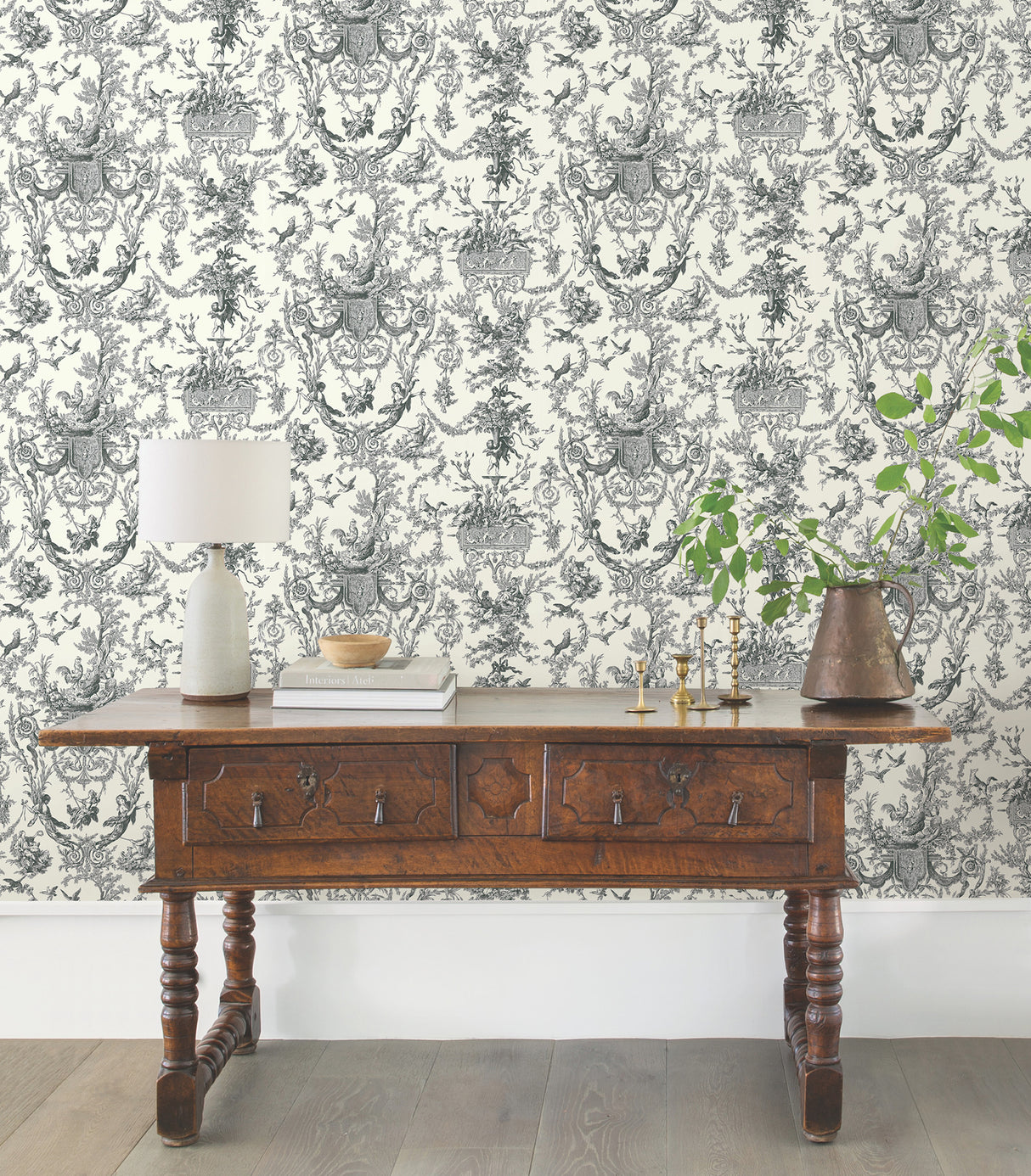 York AT4237 Old World Toile Black & White Wallpaper