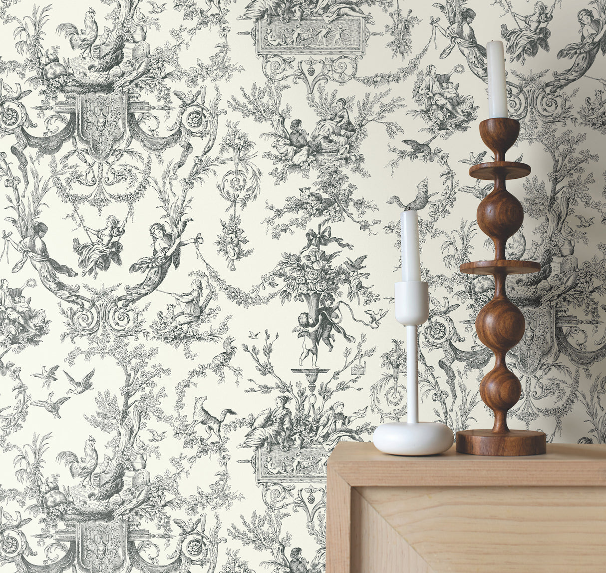 York AT4237 Old World Toile Black & White Wallpaper
