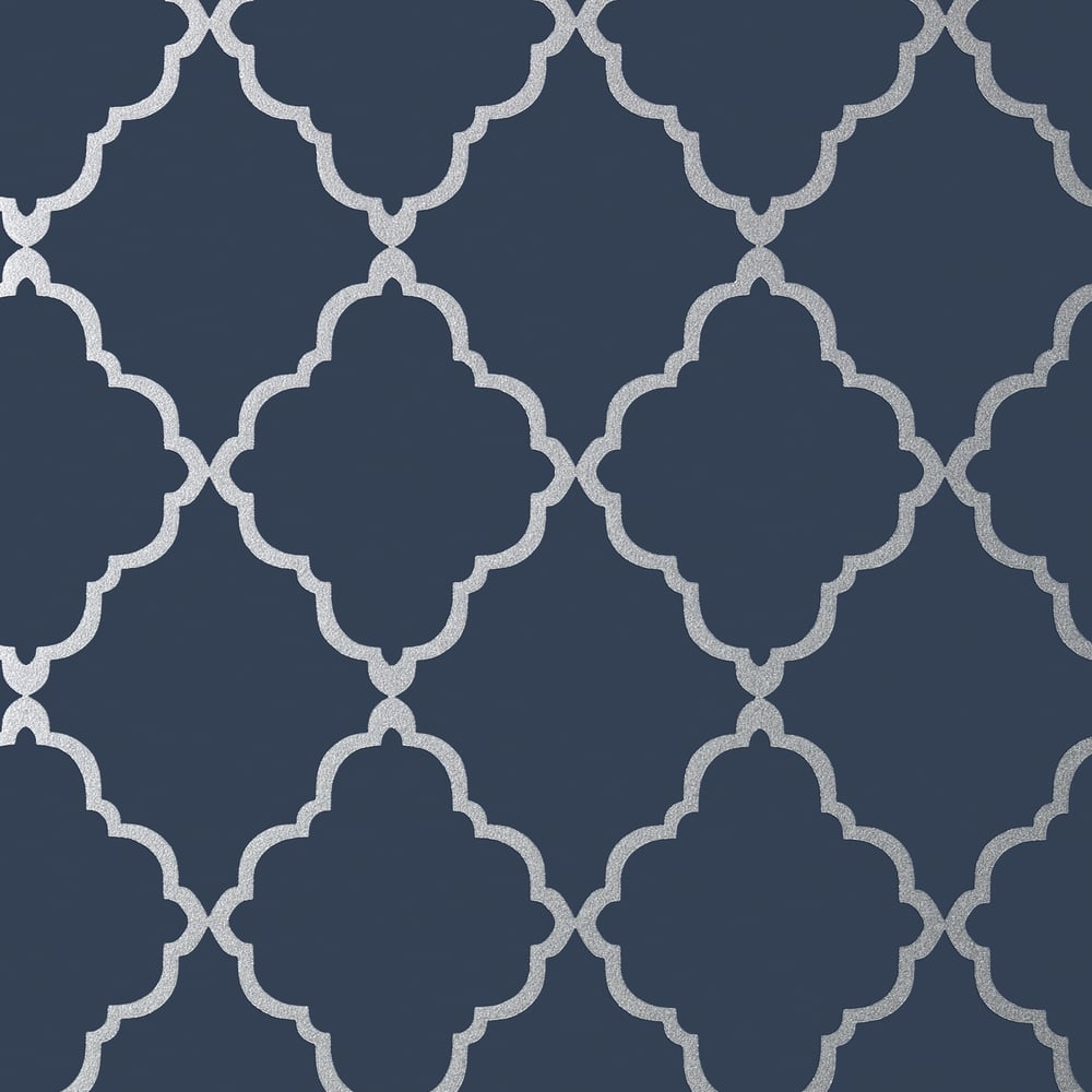 Anna French AT6060 KLEIN TRELLIS Silver on Navy Wallpaper