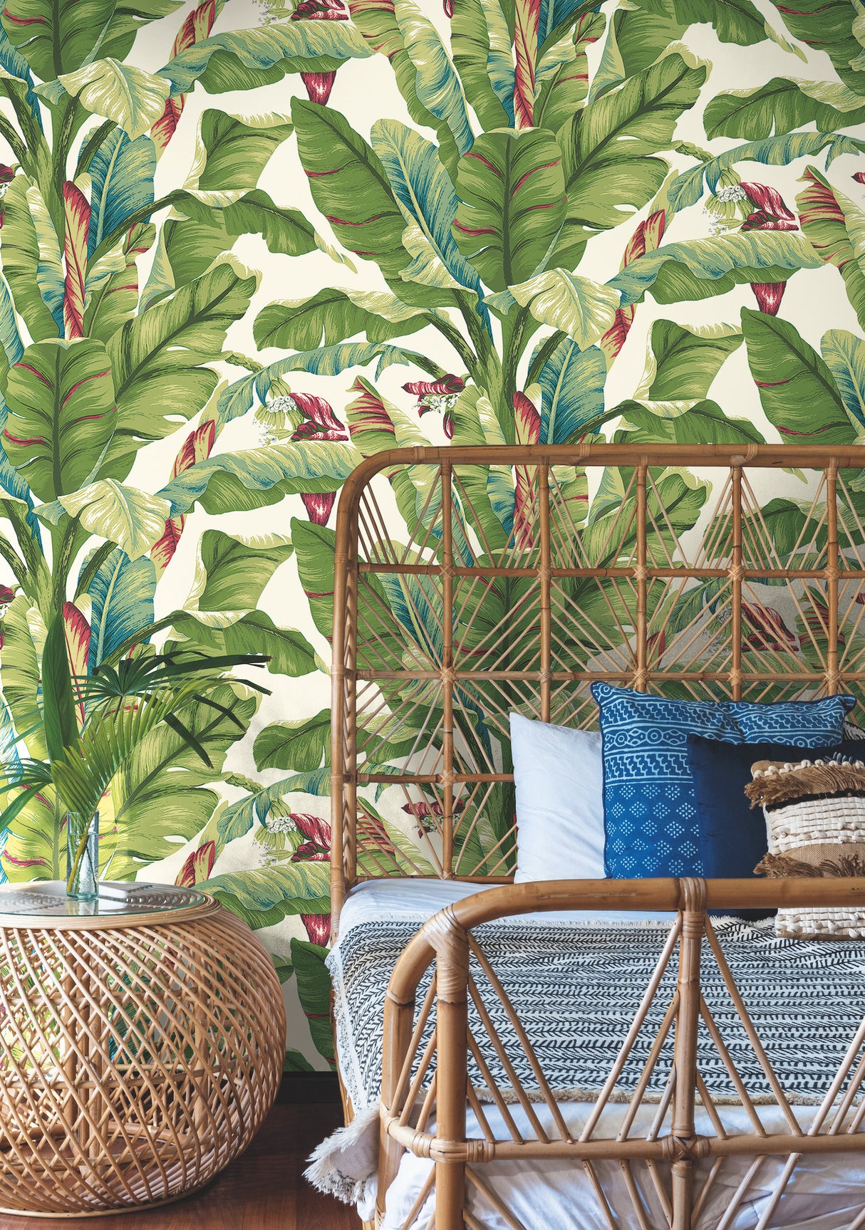 York AT7068 Banana Leaf Aqua & Red Wallpaper