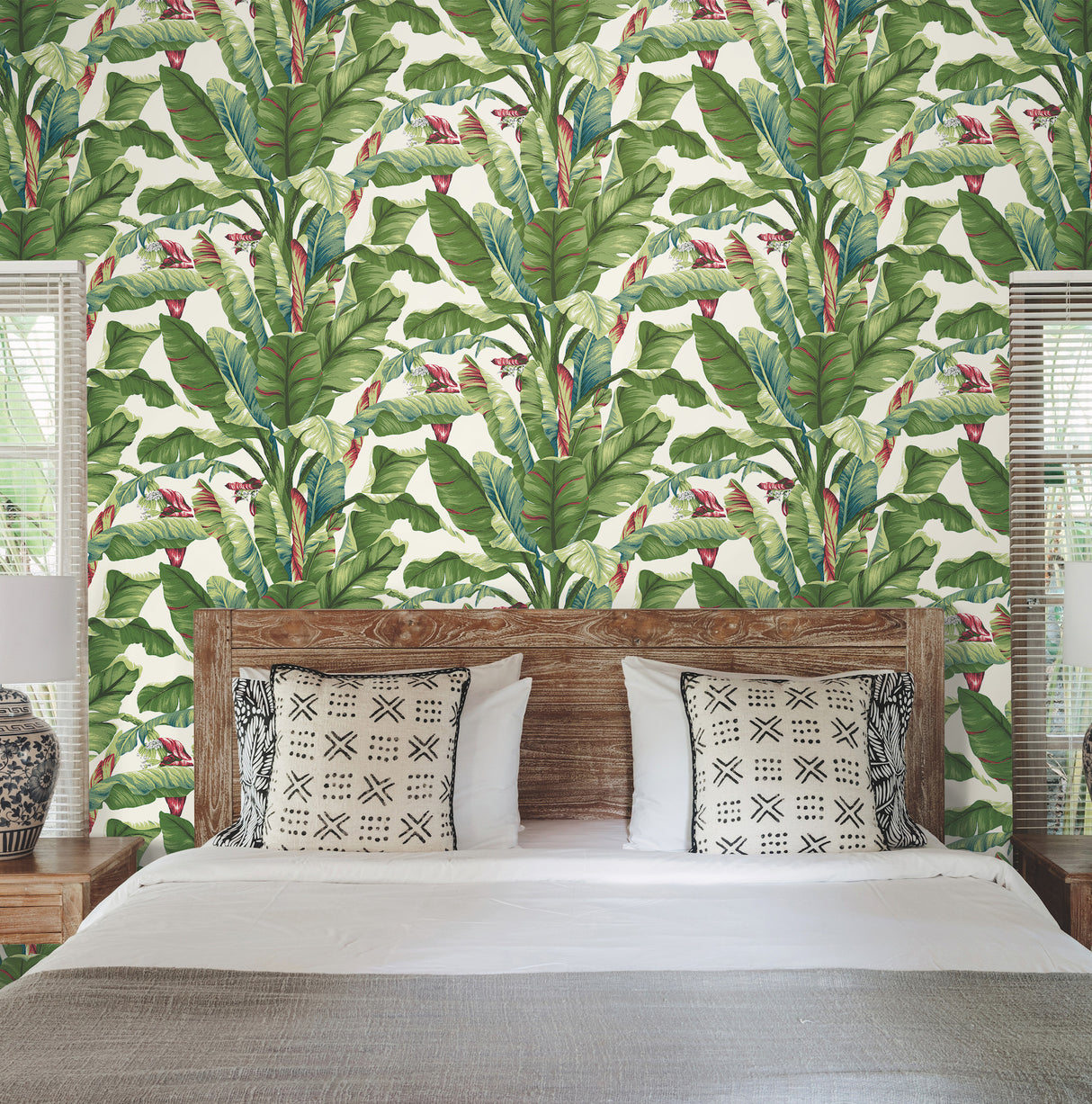 York AT7068 Banana Leaf Aqua & Red Wallpaper