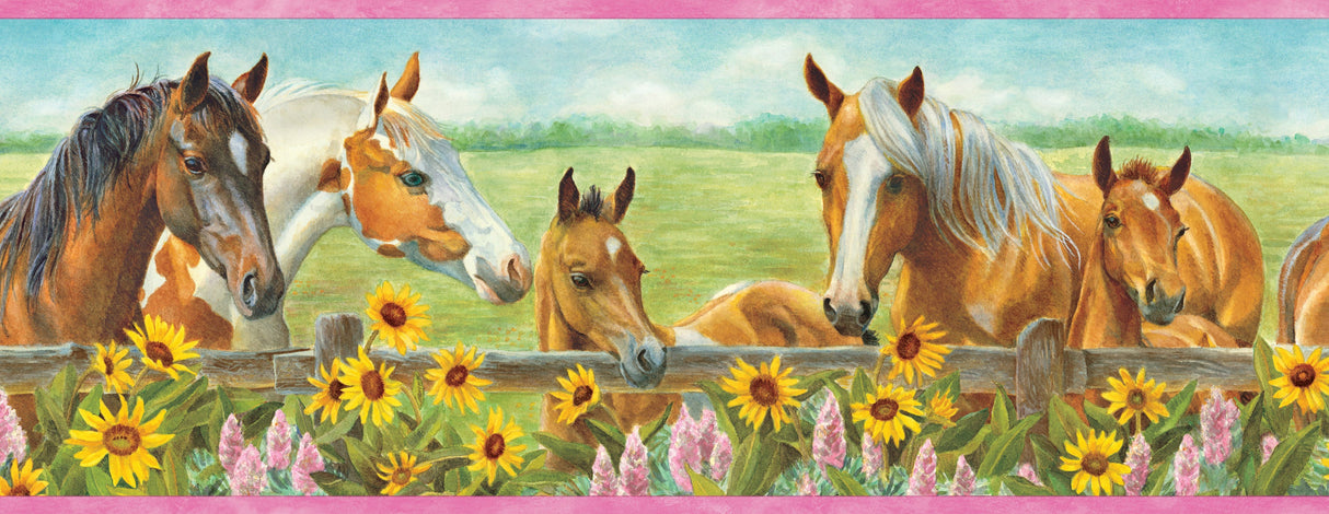 Chesapeake BBC92073B Harmony Pink Horses Sunflowers Portrait Border