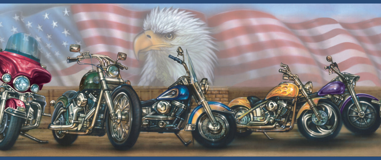 Chesapeake BBC92321B Bruce Blue Americana Motorcycles Portrait Border