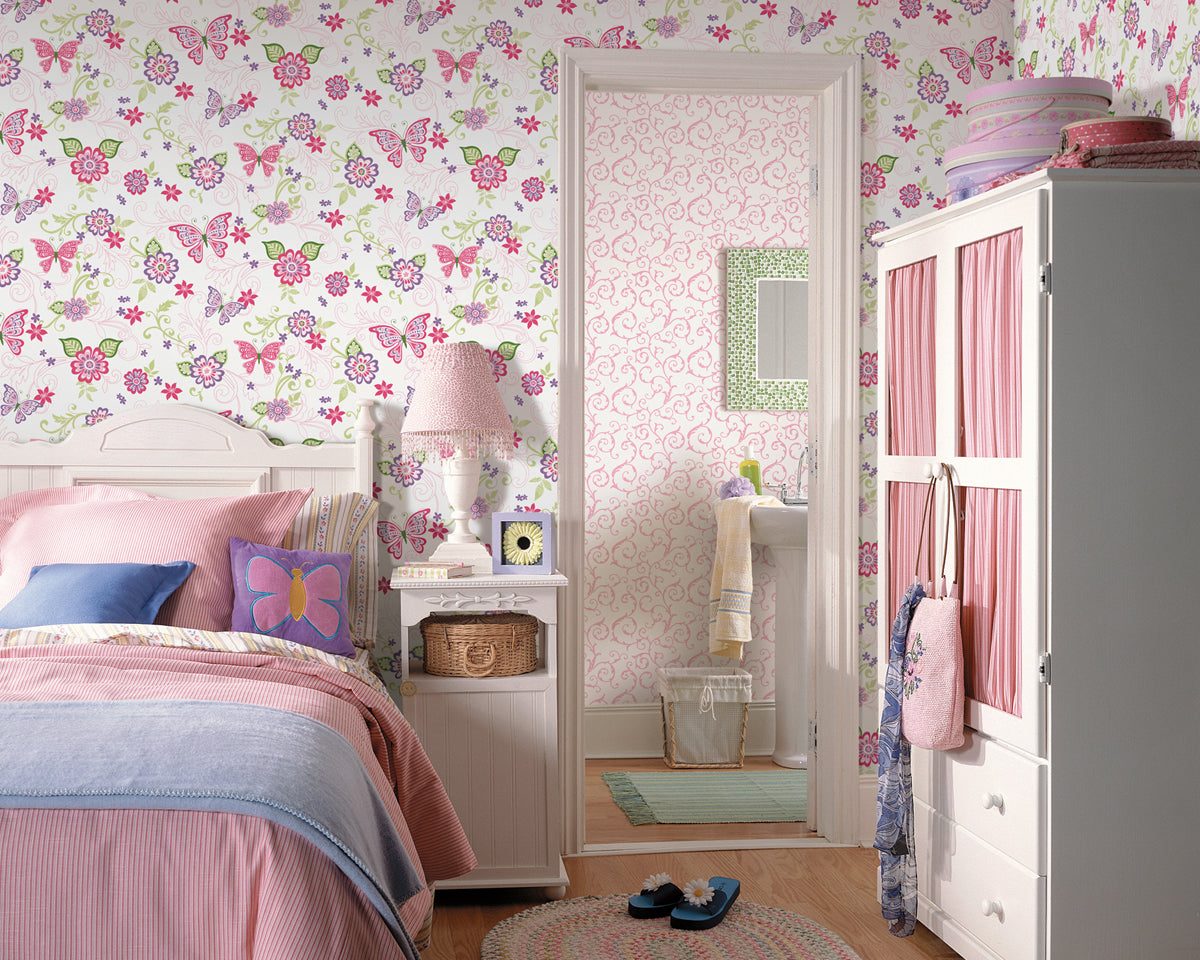 Chesapeake BBC95511 Paisley Pink Butterfly Flower Scroll Wallpaper Wallpaper