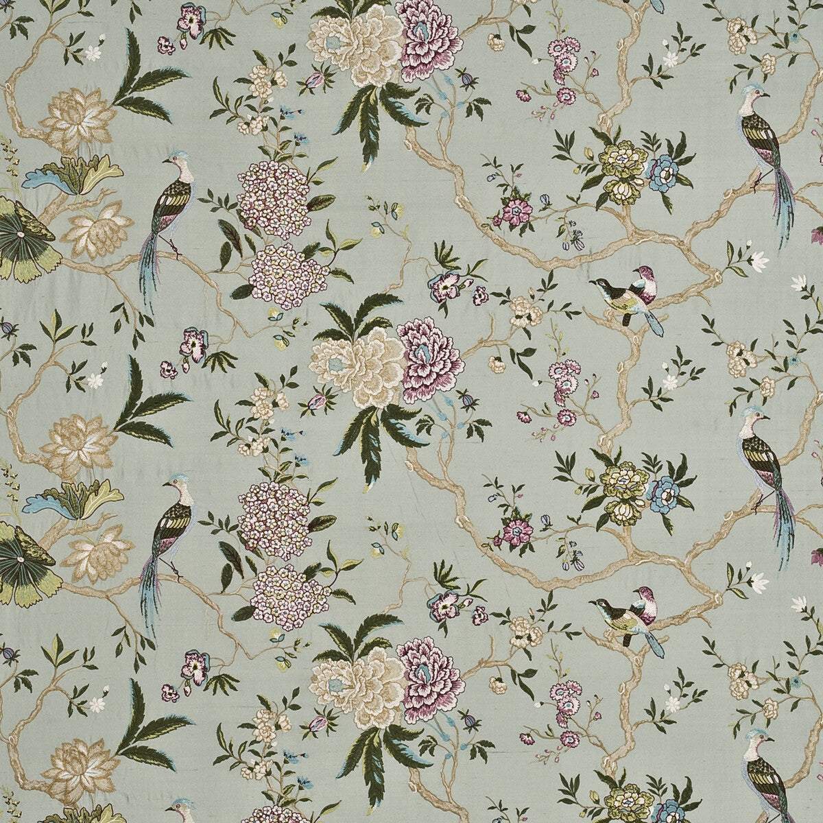 G P & J BAKER BF10418.2.0 ORIENTAL BIRD EMBROIDERY SILK AQUA/MULTI Fabric - Eade's Wallpaper