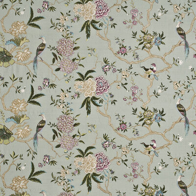 G P & J BAKER BF10418.2.0 ORIENTAL BIRD EMBROIDERY SILK AQUA/MULTI Fabric - Eade's Wallpaper