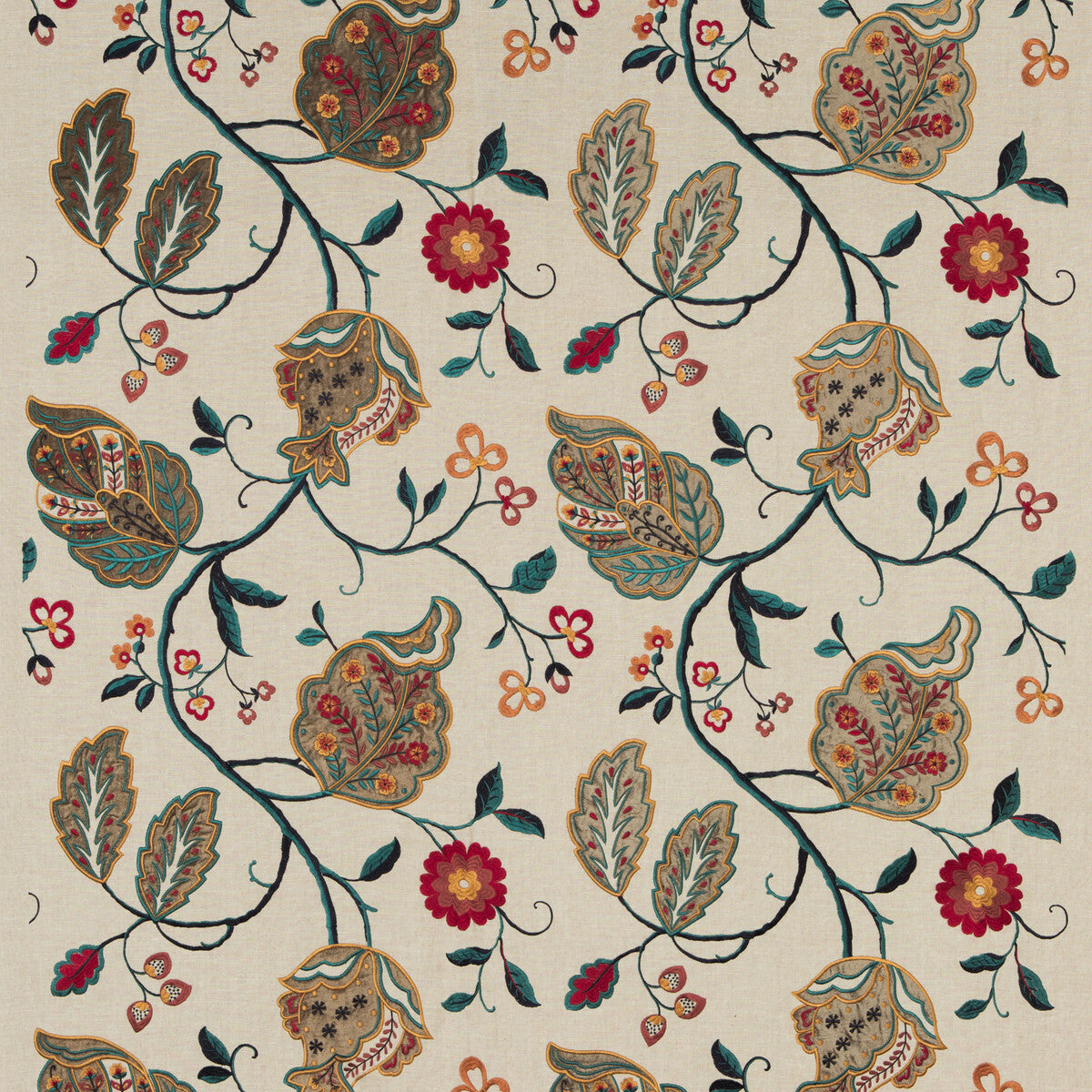 G P & J BAKER BF10531.4.0 CALTHORPE RED/OLIVE/TEAL Fabric - Eade's Wallpaper
