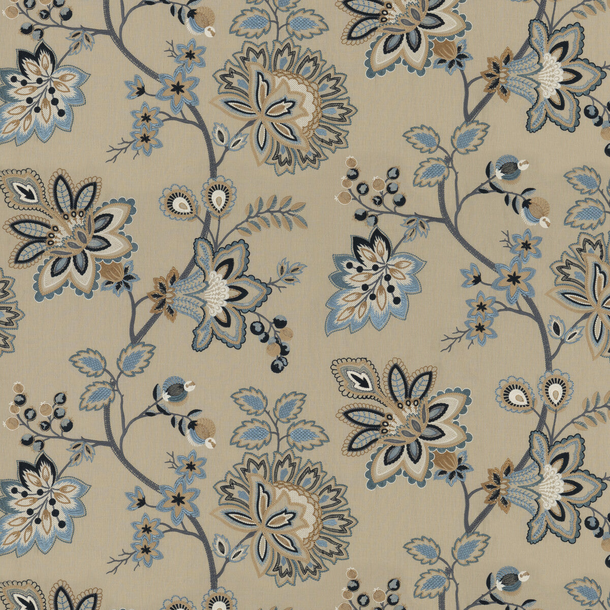G P & J BAKER BF10924.1.0 BURFORD EMBROIDERY BLUE Fabric - Eade's Wallpaper