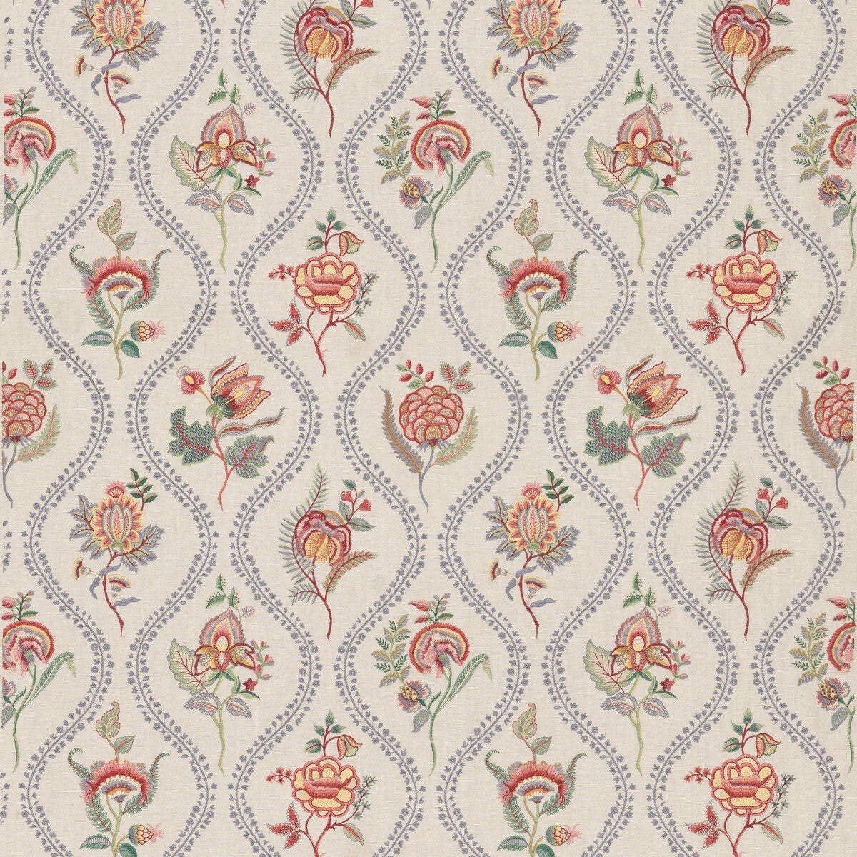 G P & J BAKER BF11025.1.0 BURFORD EMBROIDERY BLUE/RED Fabric - Eade's Wallpaper