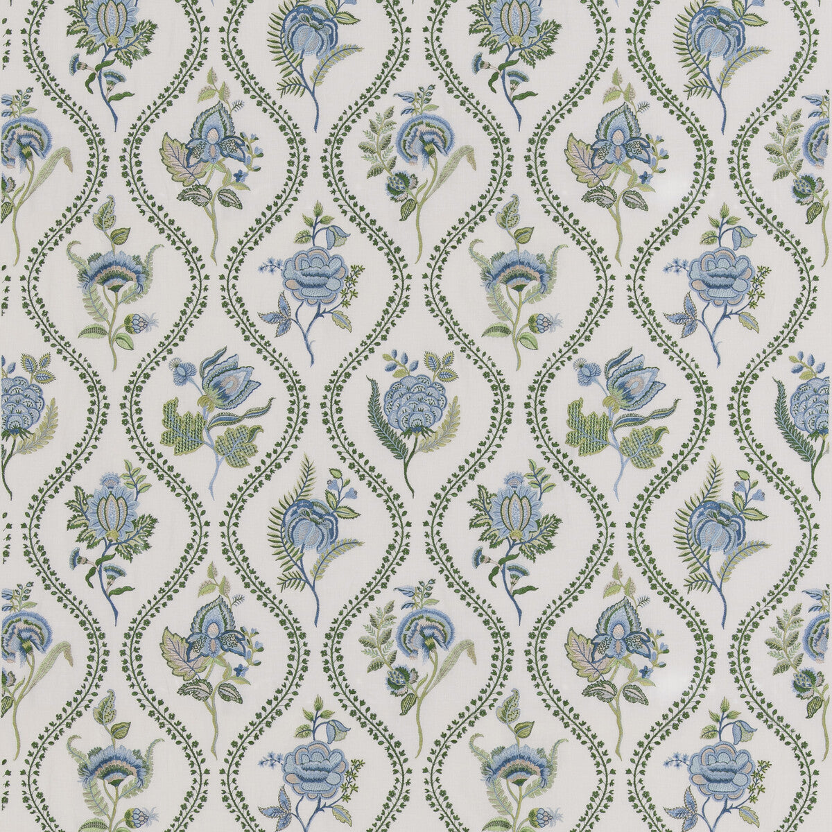 G P & J BAKER BF11025.2.0 BURFORD EMBROIDERY BLUE/EMERALD Fabric - Eade's Wallpaper