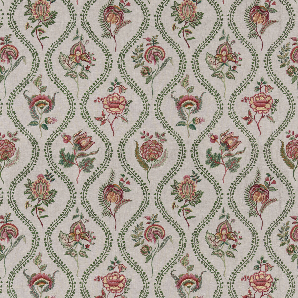G P & J BAKER BF11025.5.0 BURFORD EMBROIDERY EMERALD/RED Fabric - Eade's Wallpaper