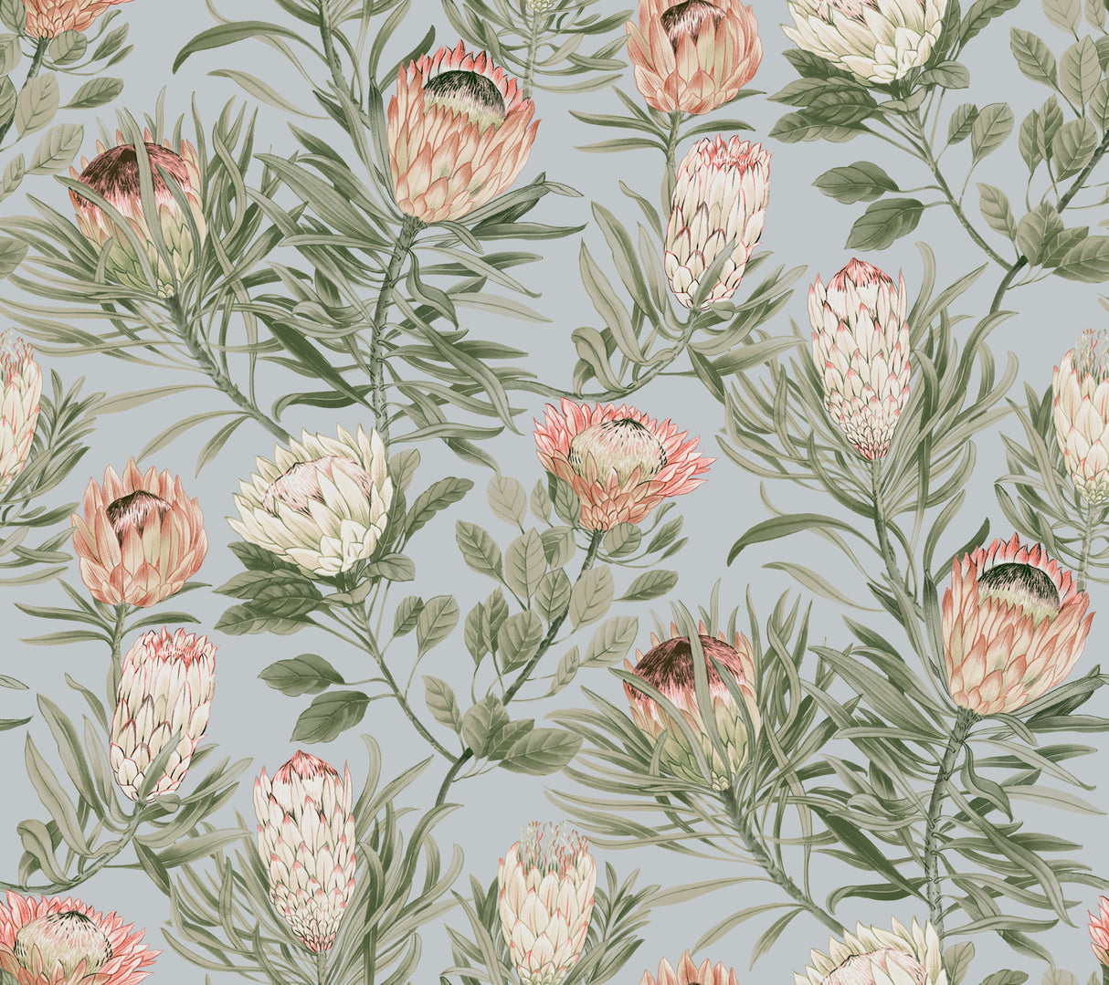 York BL1755 Protea Dusty Blue & Coral Wallpaper