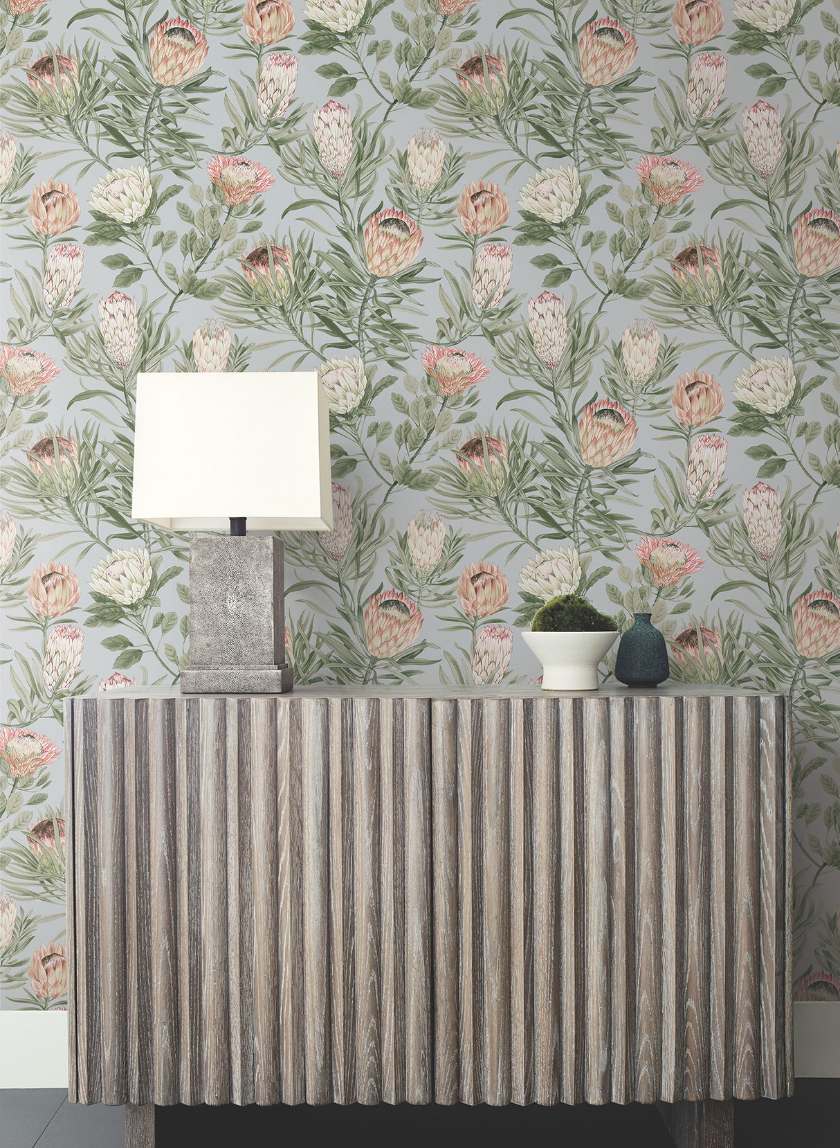 York BL1755 Protea Dusty Blue & Coral Wallpaper