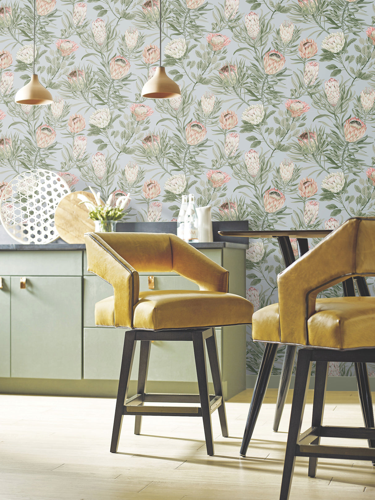 York BL1755 Protea Dusty Blue & Coral Wallpaper