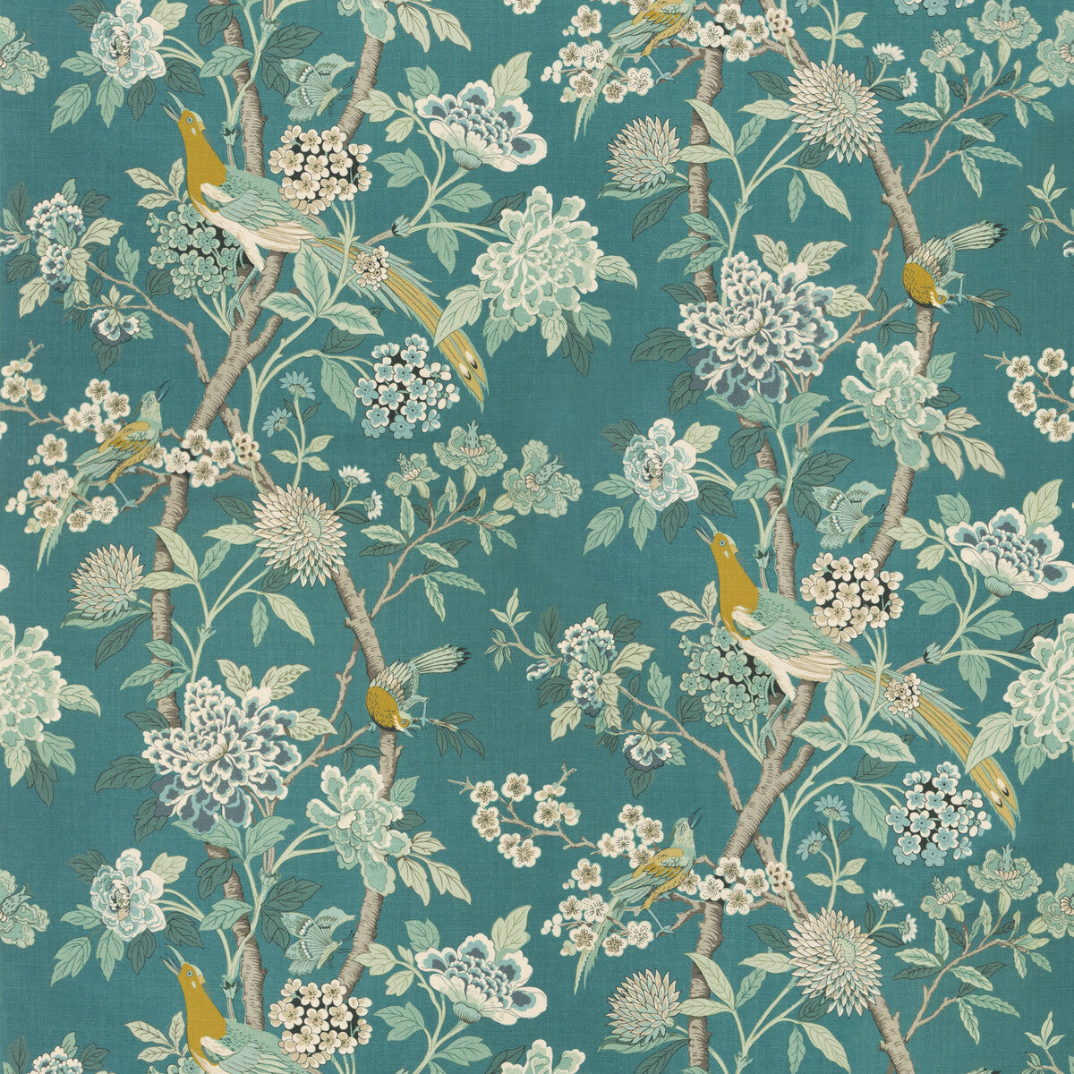 G P & J BAKER BP10851.5.0 HYDRANGEA BIRD (ARCHIVE) TEAL Fabric - Eade's Wallpaper