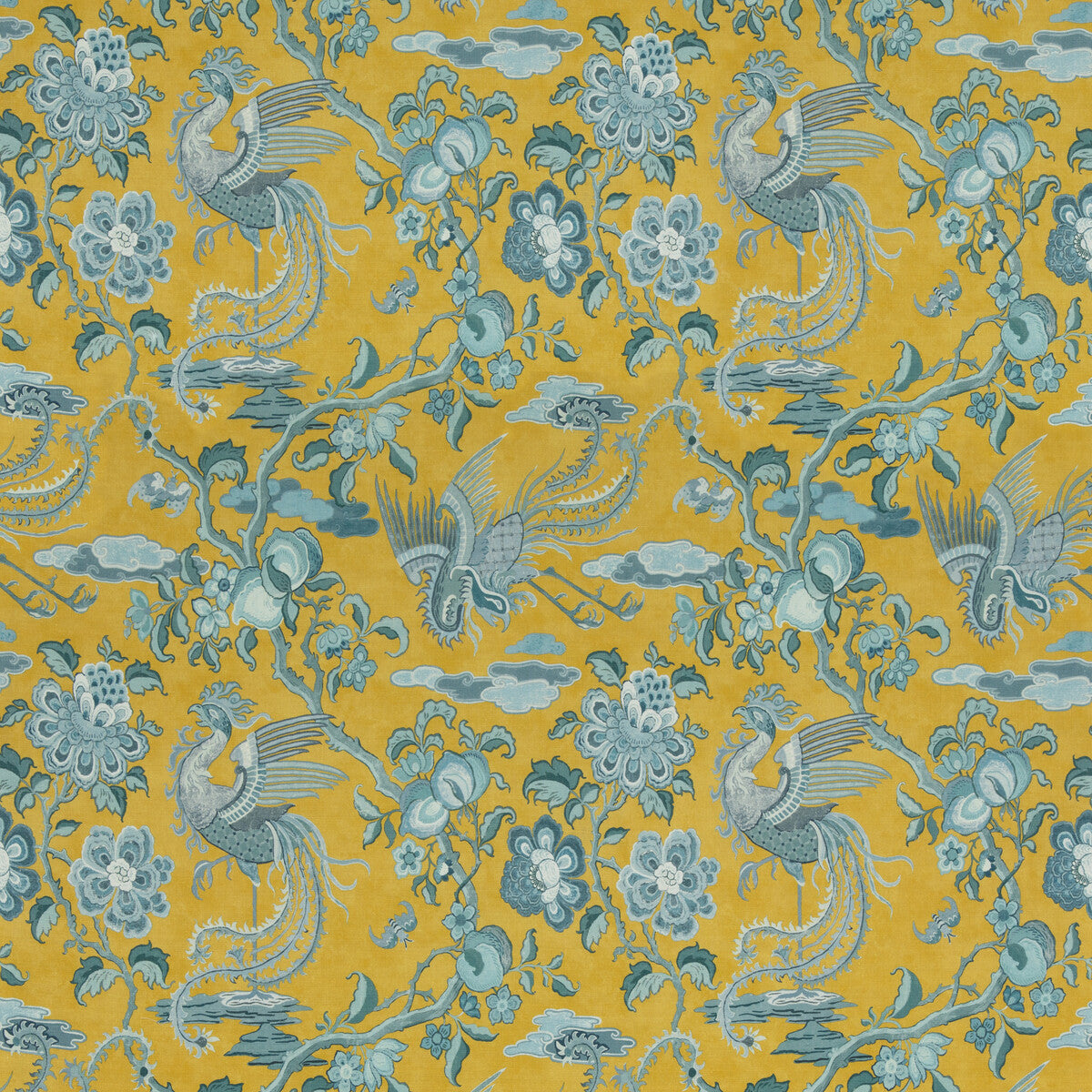 G P & J BAKER BP10852.2.0 CHIFU OCHRE/BLUE Fabric - Eade's Wallpaper