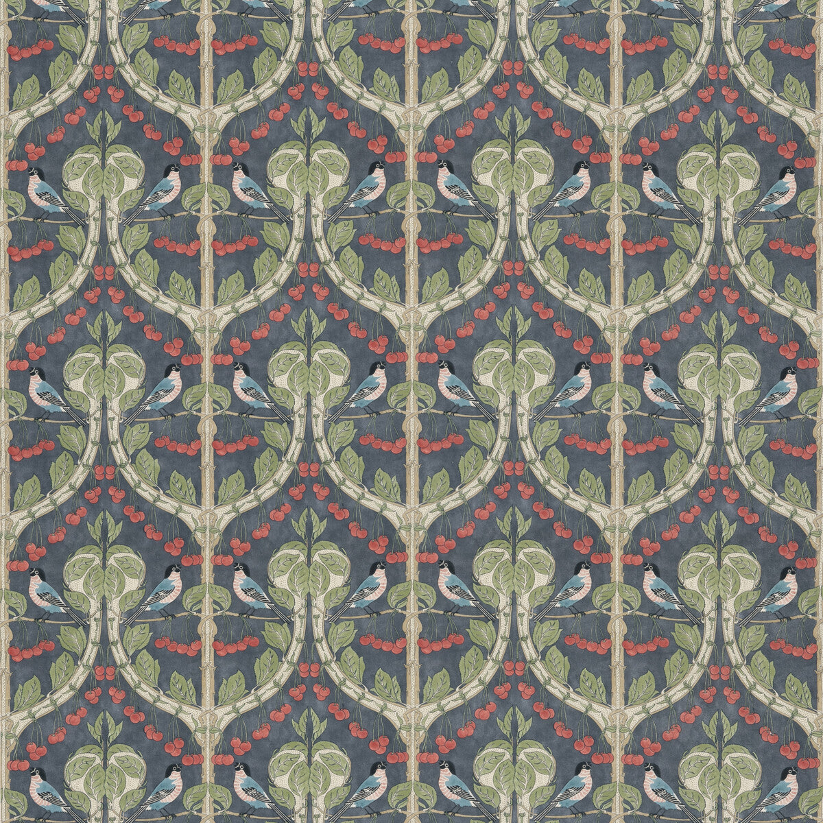 G P & J BAKER BP10967.2.0 BIRDS & CHERRIES COTTON INDIGO Fabric - Eade's Wallpaper