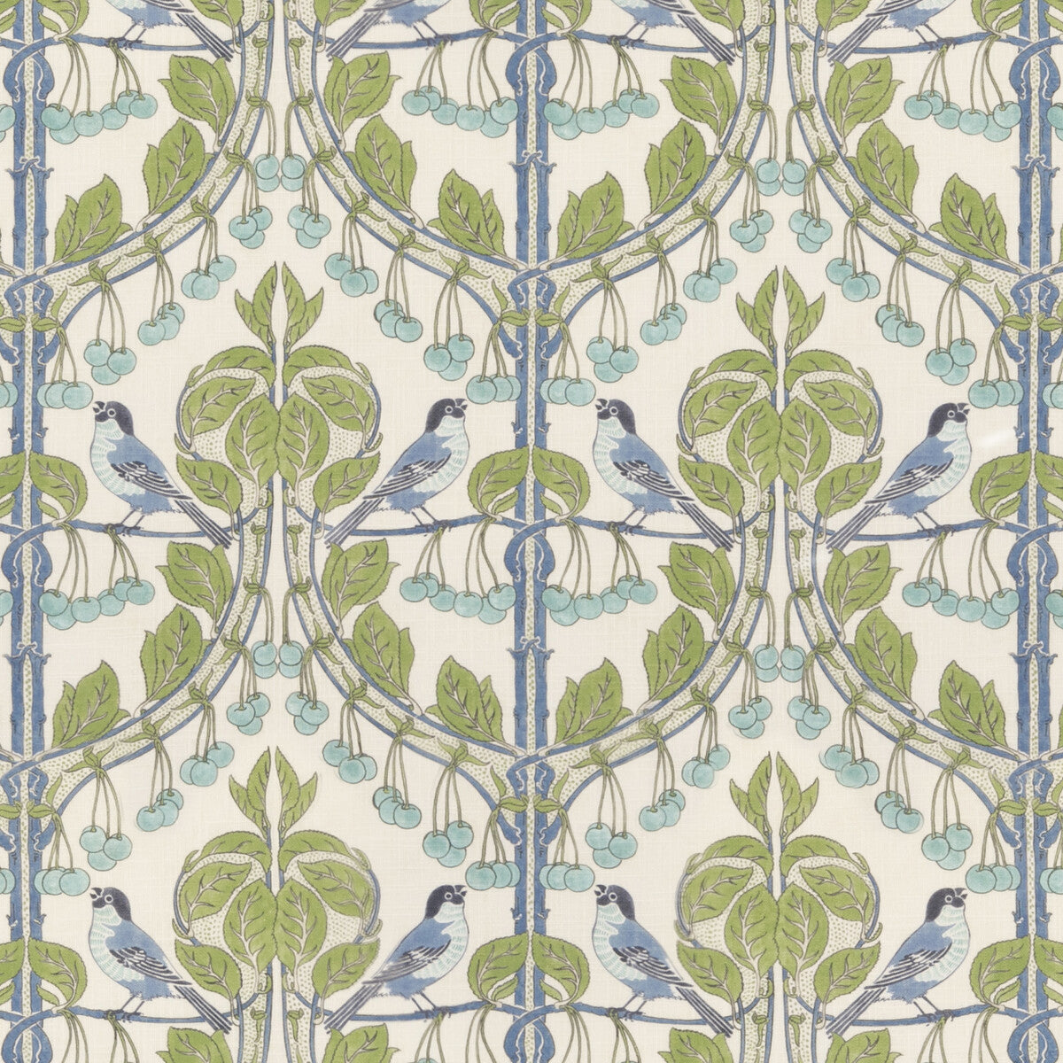 G P & J BAKER BP10993.1.0 BIRDS & CHERRIES GREEN/BLUE Fabric - Eade's Wallpaper
