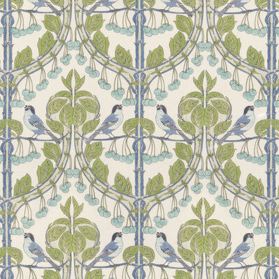 G P & J BAKER BP10993.1.0 BIRDS & CHERRIES GREEN/BLUE Fabric - Eade's Wallpaper