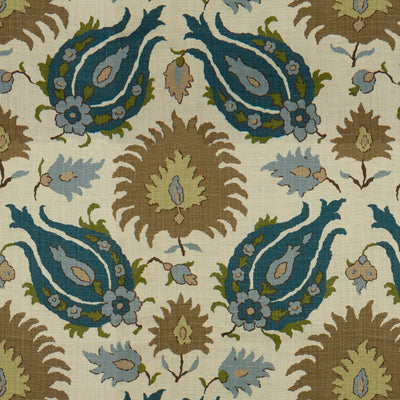 BRUNSCHWIG & FILS BR-700020.225.0 KASHMIRI LINEN PRINT TEAL BLUE/TAUPE Fabric - Eade's Wallpaper