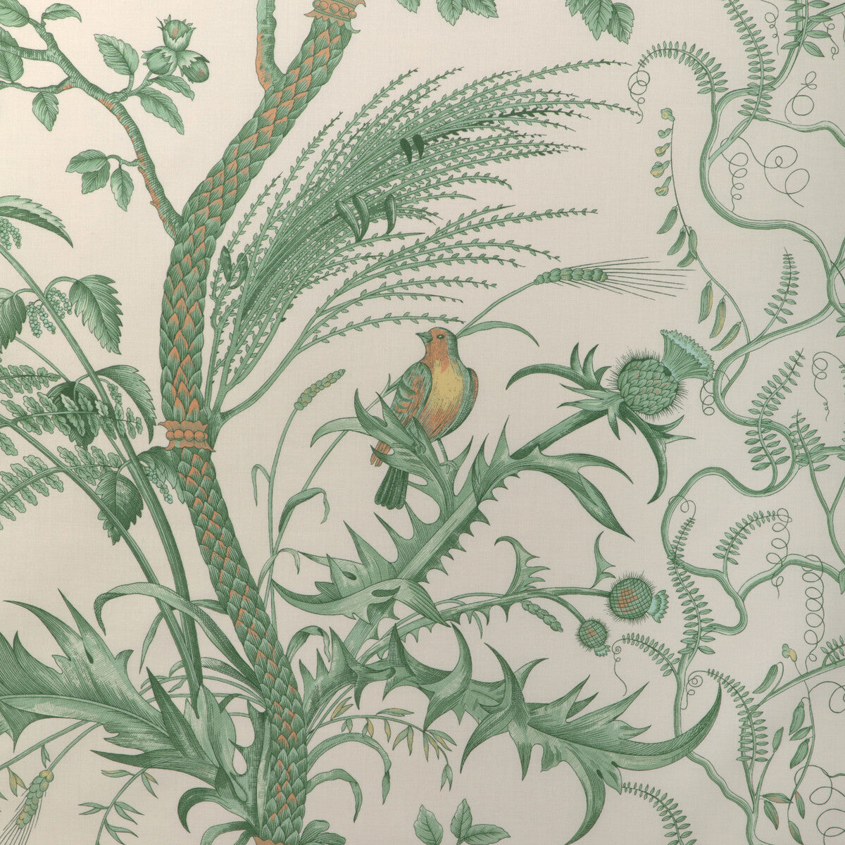BRUNSCHWIG & FILS BR-79431.435.0 BIRD AND THISTLE COTTON PRINT GREEN Fabric - Eade's Wallpaper
