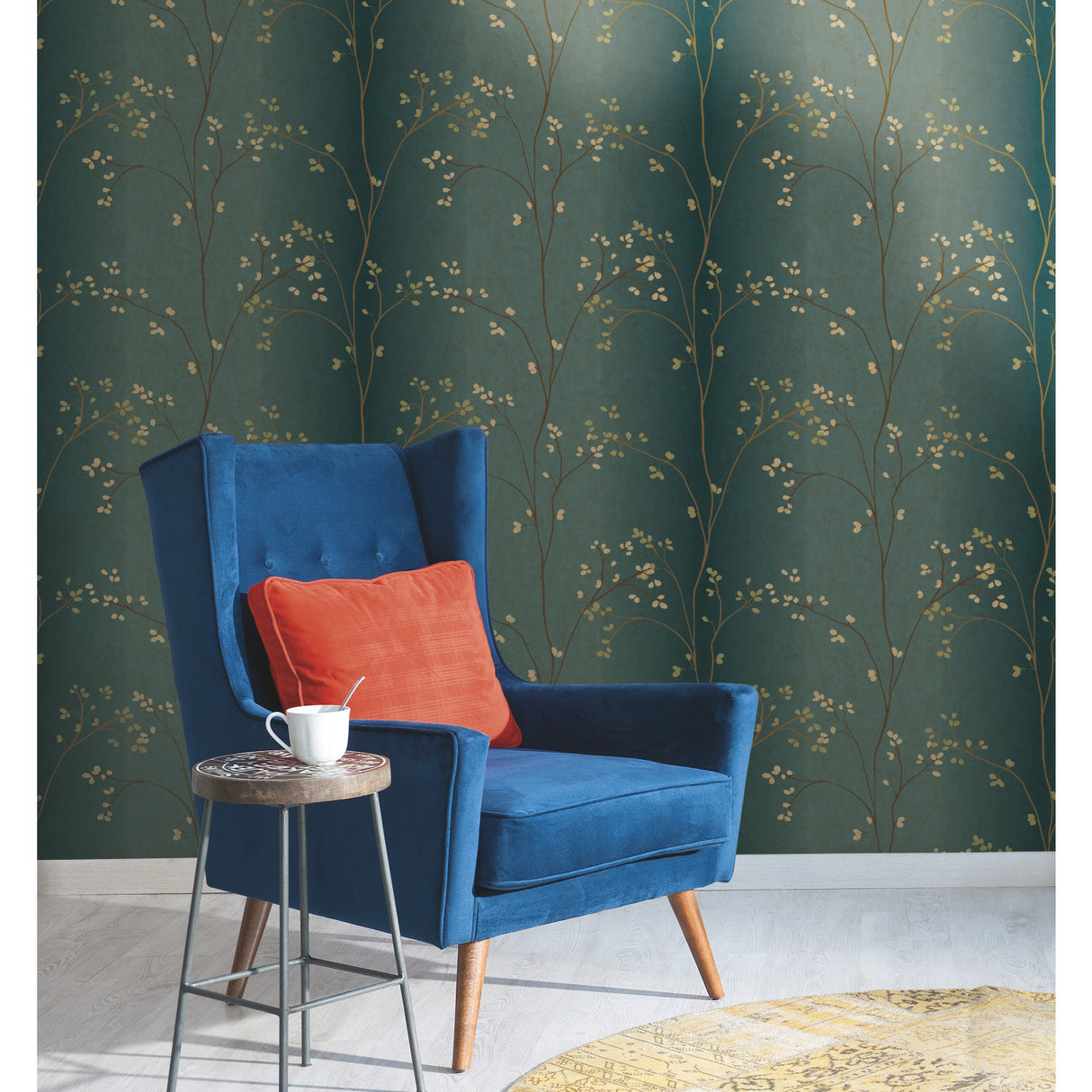 York BR6224 Vertical Blossoms Teal Metallic Wallpaper