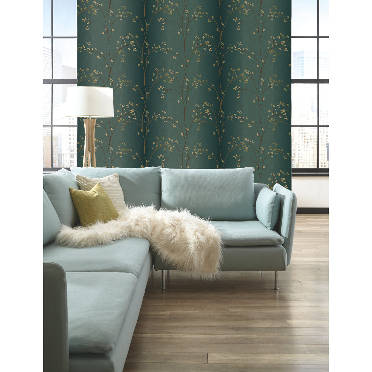York BR6224 Vertical Blossoms Teal Metallic Wallpaper