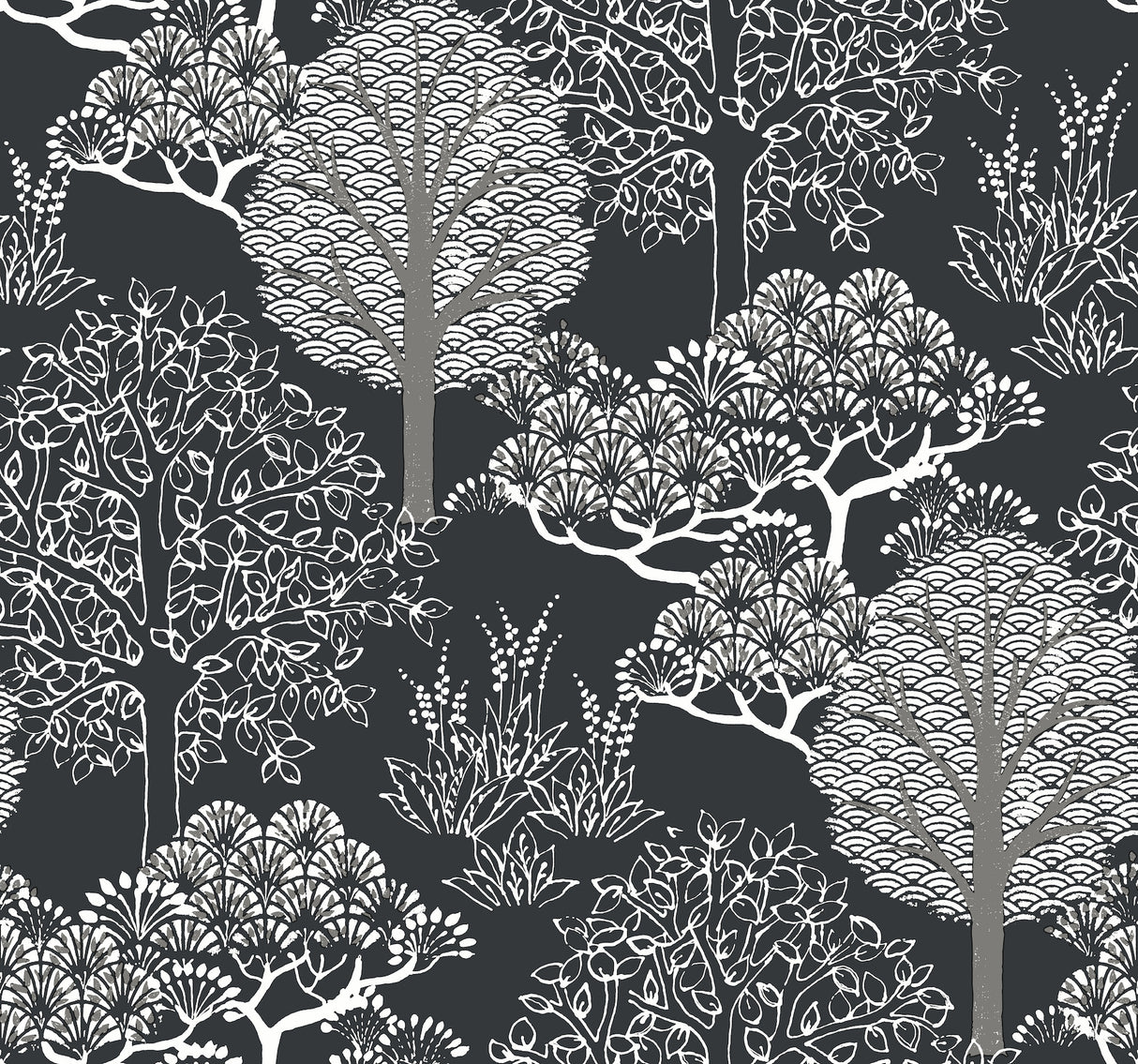 York BW3852 Kimono Trees Black Metallic Wallpaper