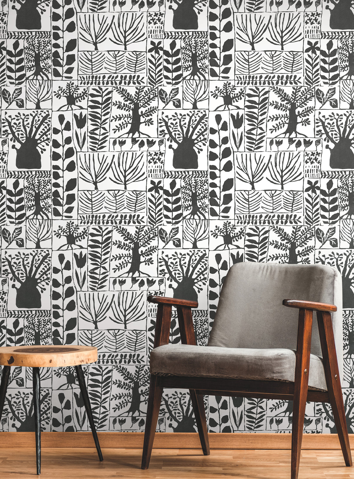 York BW3862 Primitive Trees Black & White Wallpaper