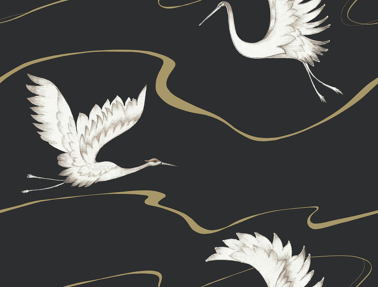 York BW3871 Soaring Cranes Black & Gold Wallpaper
