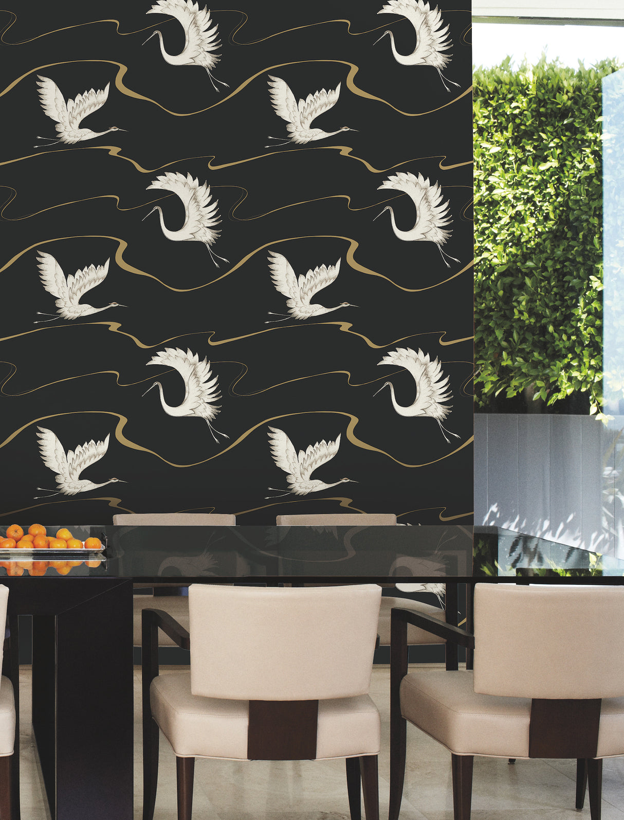 York BW3871 Soaring Cranes Black & Gold Wallpaper