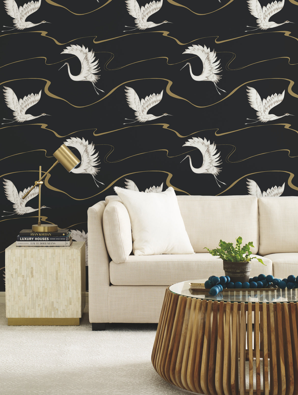 York BW3871 Soaring Cranes Black & Gold Wallpaper