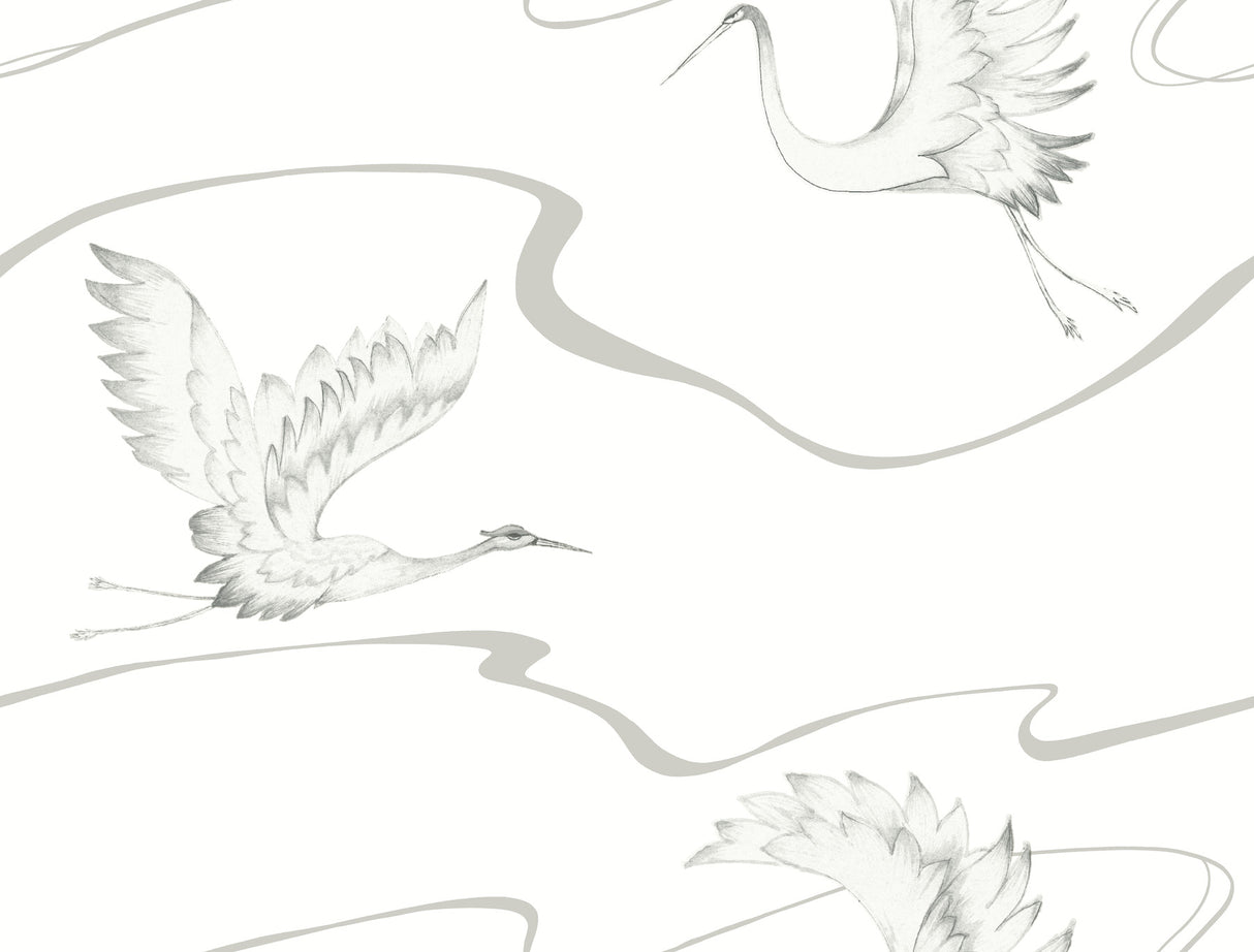 York BW3873 Soaring Cranes White & Silver Wallpaper