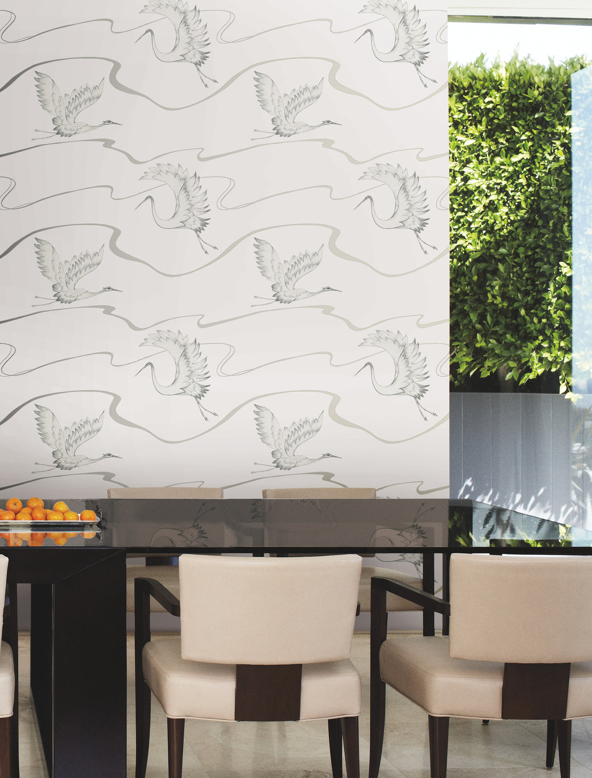 York BW3873 Soaring Cranes White & Silver Wallpaper