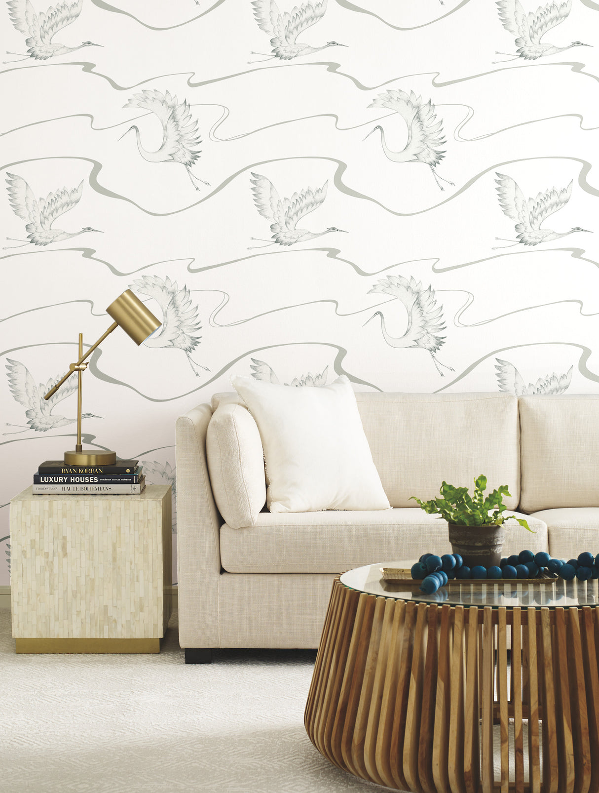 York BW3873 Soaring Cranes White & Silver Wallpaper