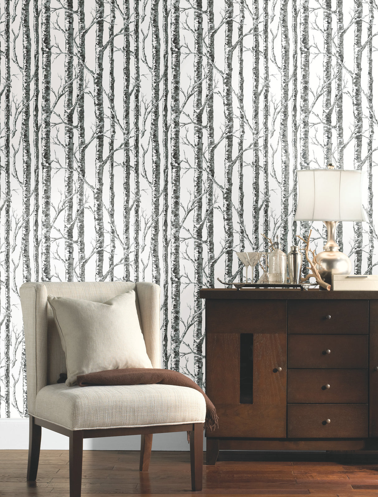 York BW3902 Paper Birch Black & White Wallpaper